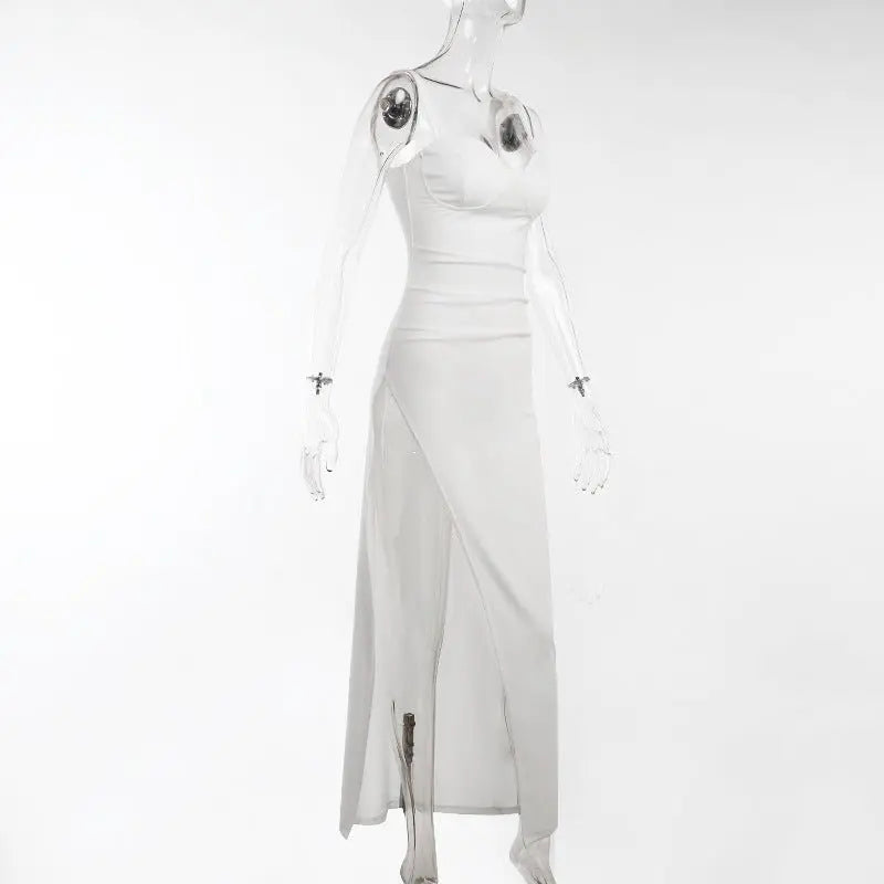 High Split Ankle-length Party Dresses Women Solid White Spaghetti Strap Dress Y2K nowadaysfashion