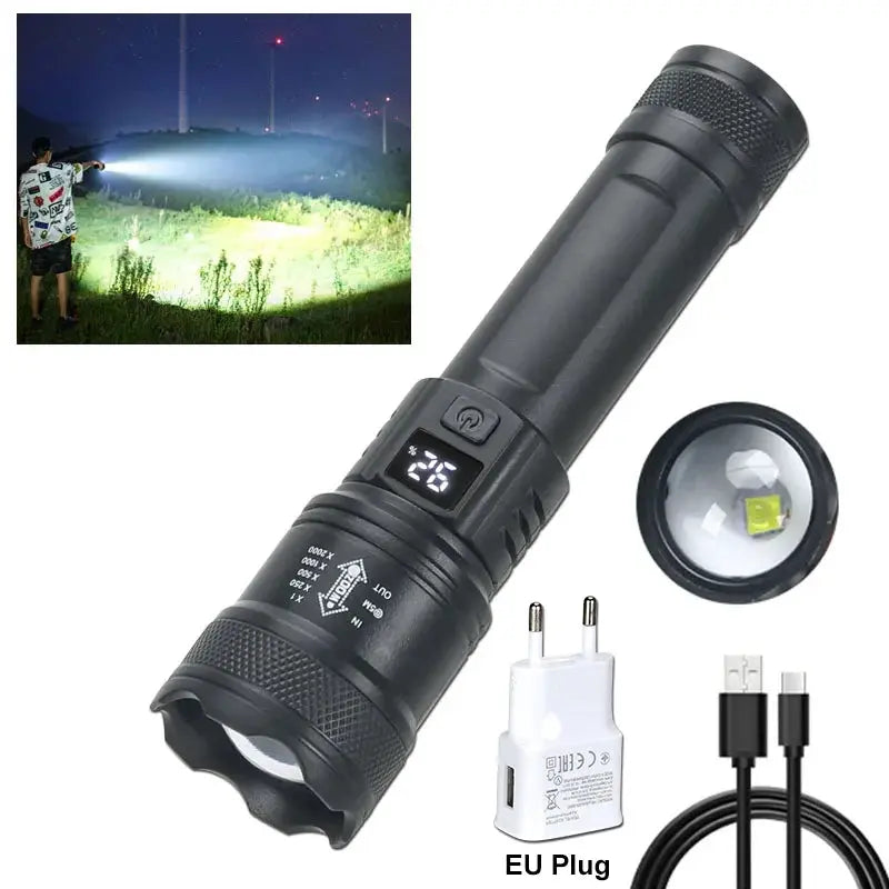 High Strong Power Led Flashlights 2000LM Tactical Torch with Display Light USB Charging Camping Fishing Emergency Zoom Lantern ZHIYU-Preferred Store