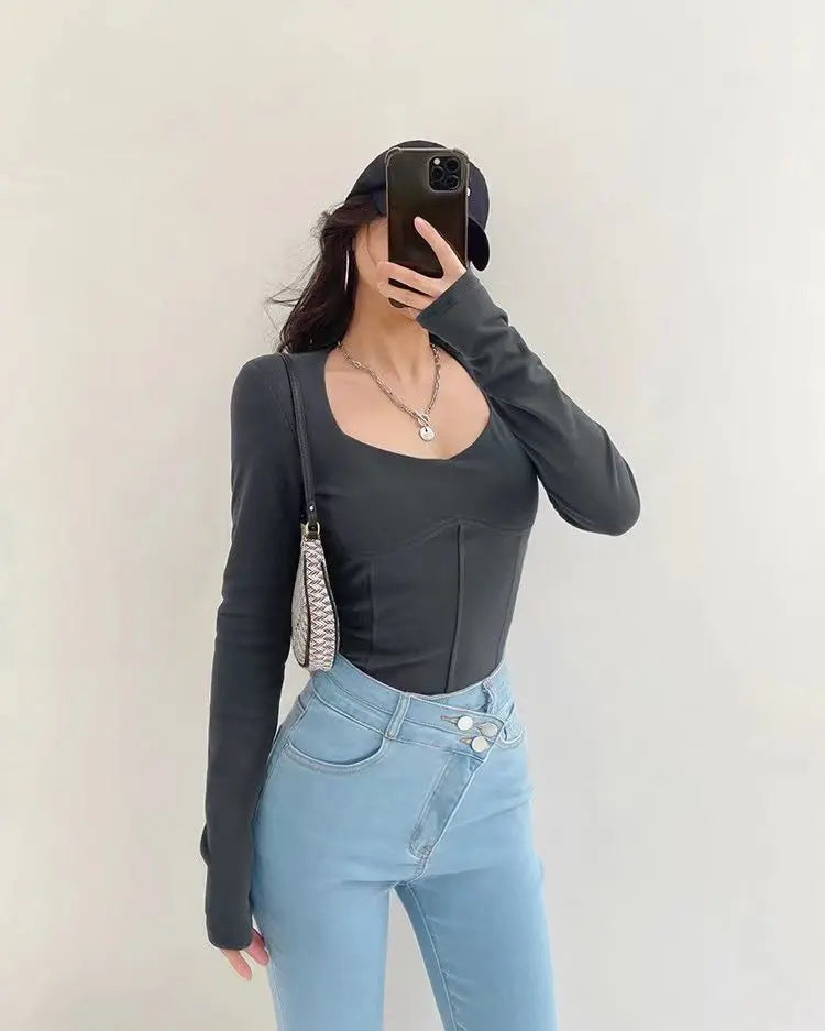 High Waist Cropped Tops Women Fashion Square Neck Long Sleeve T-Shirt Slim Basic Y2K Tees nowadaysfashion