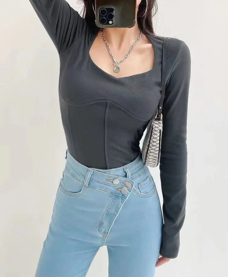 High Waist Cropped Tops Women Fashion Square Neck Long Sleeve T-Shirt Slim Basic Y2K Tees nowadaysfashion