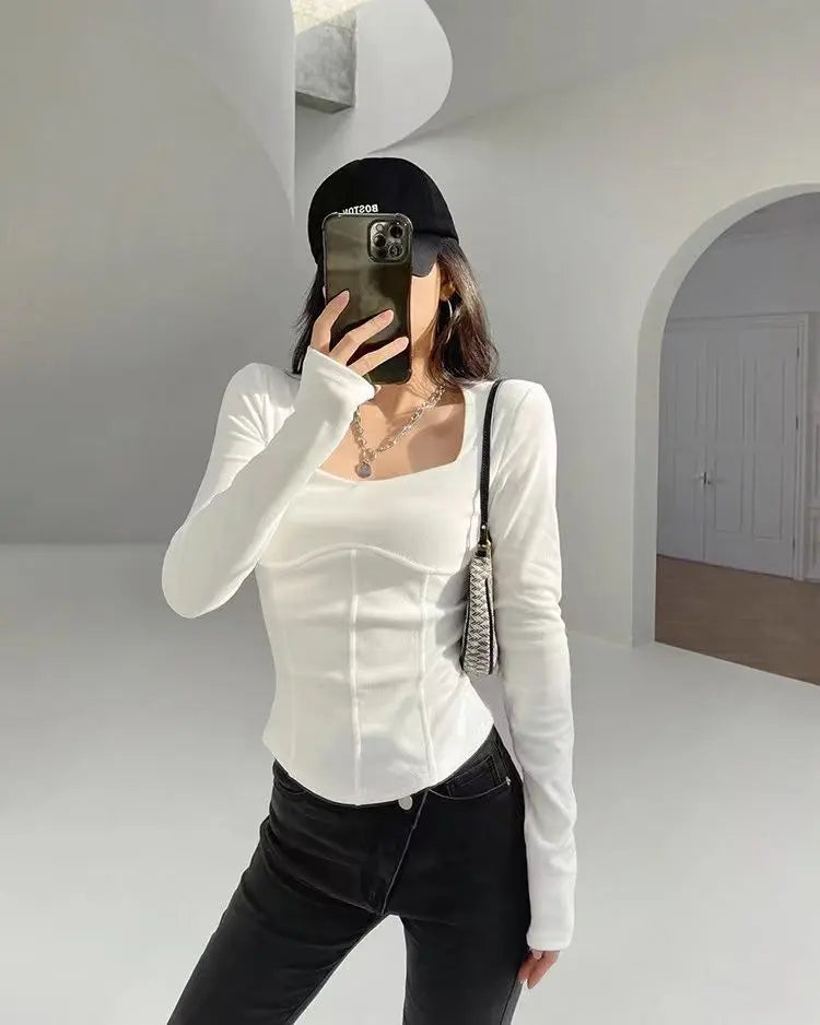 High Waist Cropped Tops Women Fashion Square Neck Long Sleeve T-Shirt Slim Basic Y2K Tees nowadaysfashion