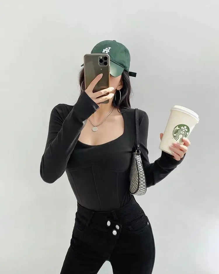 High Waist Cropped Tops Women Fashion Square Neck Long Sleeve T-Shirt Slim Basic Y2K Tees nowadaysfashion