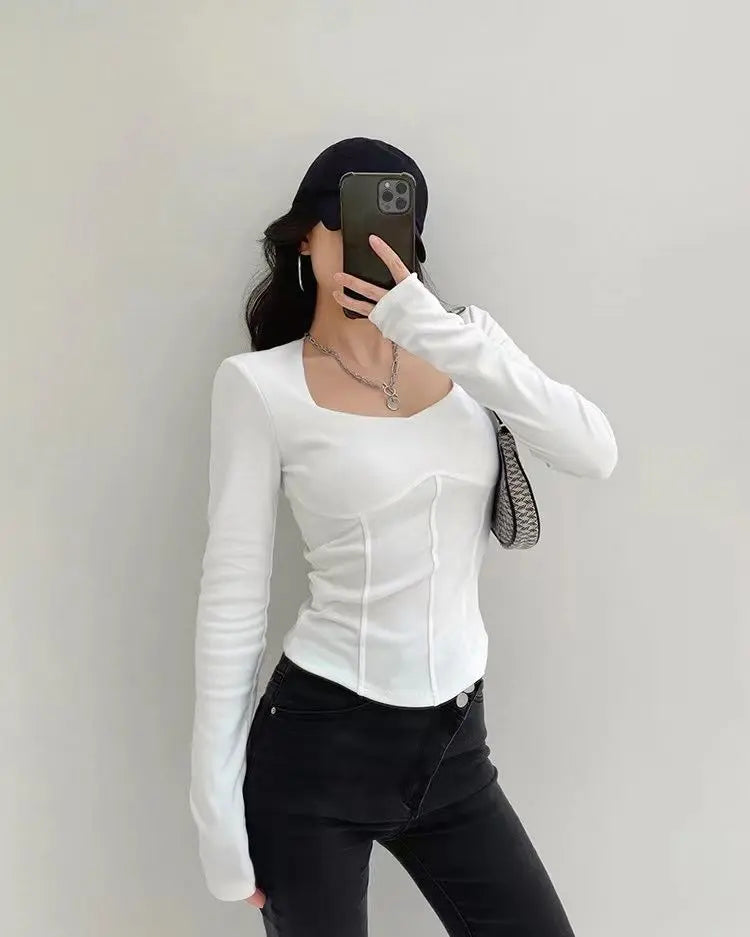 High Waist Cropped Tops Women Fashion Square Neck Long Sleeve T-Shirt Slim Basic Y2K Tees nowadaysfashion