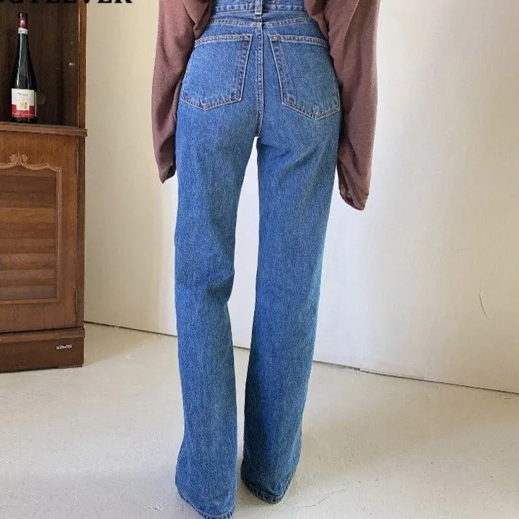 High Waist Pockets Female Floor-length Wide Leg Denim Trousers - Blade & Thread