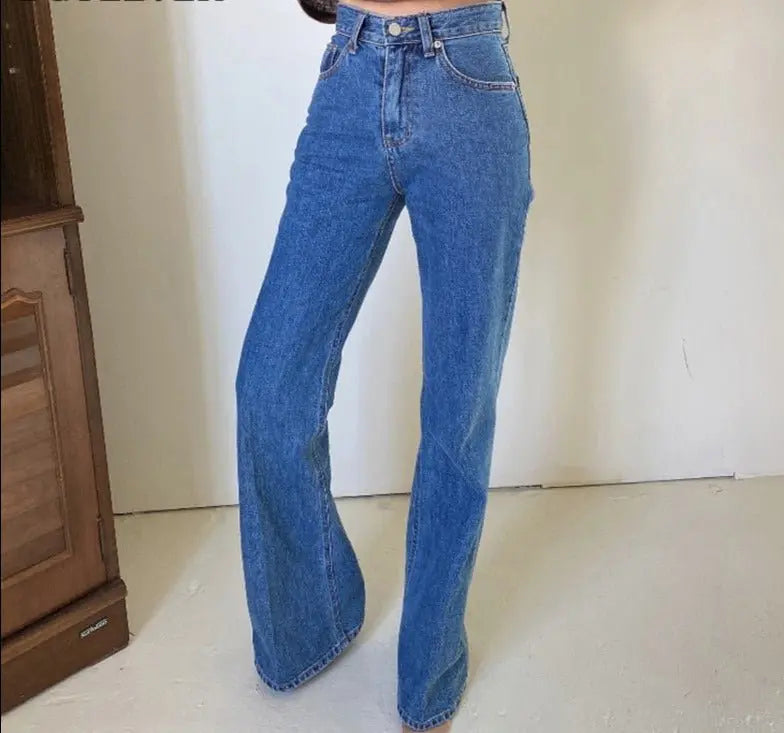 High Waist Pockets Female Floor-length Wide Leg Denim Trousers - Blade & Thread