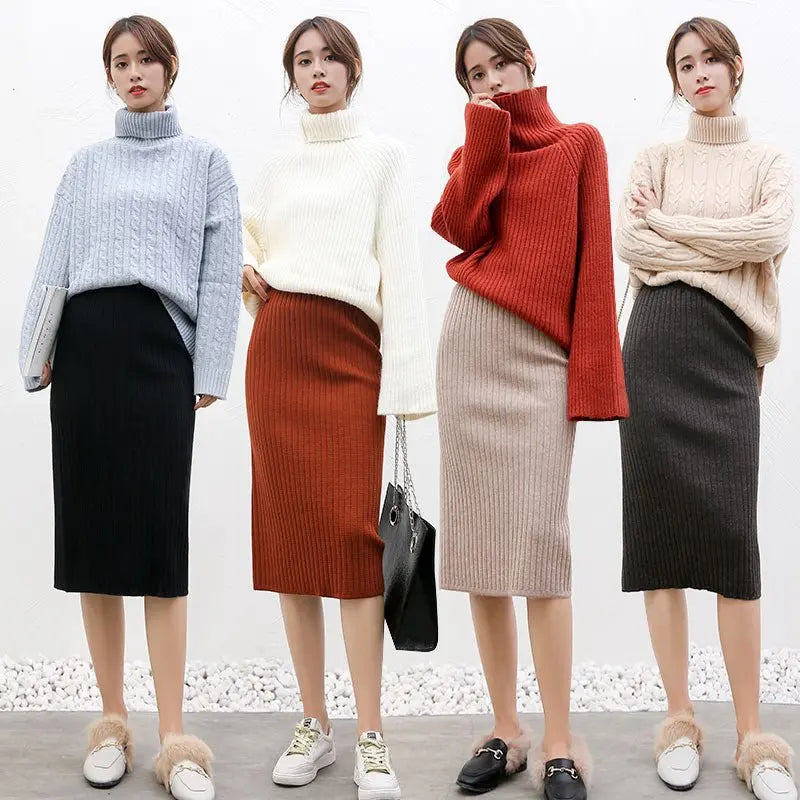High Waist Women Knitted Skirt Spring Autumn Fashion Rib Skirt Elegant Midi Skirt - Blade & Thread