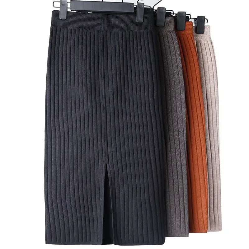 High Waist Women Knitted Skirt Spring Autumn Fashion Rib Skirt Elegant Midi Skirt - Blade & Thread