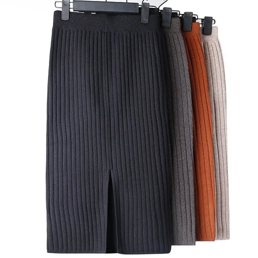 High Waist Women Knitted Skirt Spring Autumn Fashion Rib Skirt Elegant Midi Skirt - Blade & Thread