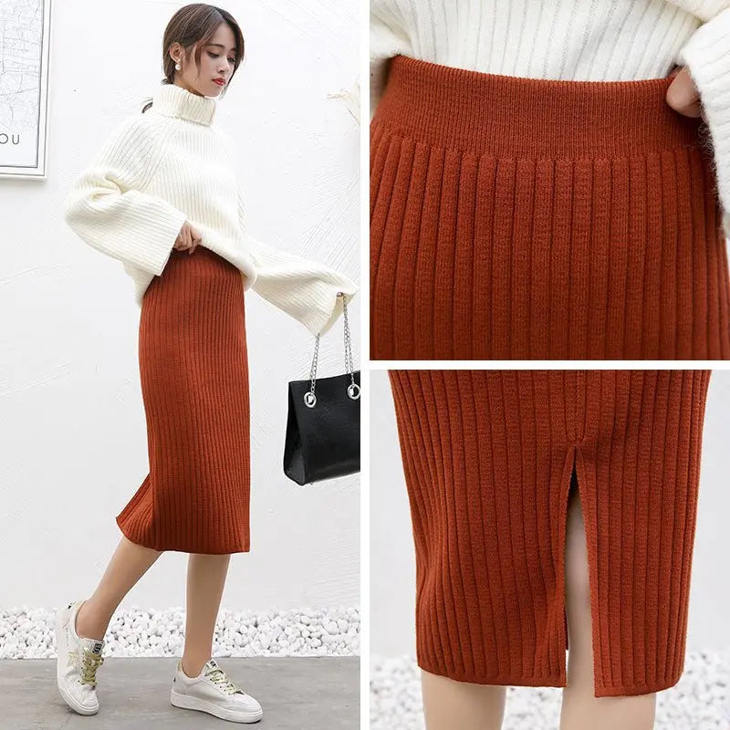 High Waist Women Knitted Skirt Spring Autumn Fashion Rib Skirt Elegant Midi Skirt - Blade & Thread