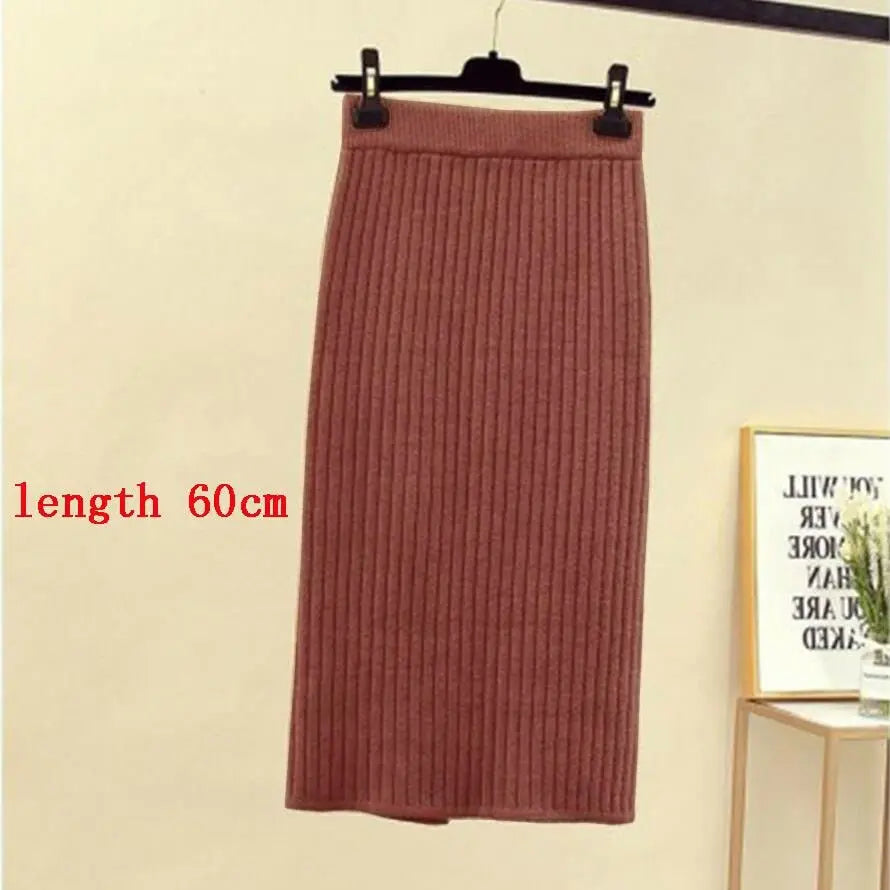 High Waist Women Knitted Skirt Spring Autumn Fashion Rib Skirt Elegant Midi Skirt - Blade & Thread
