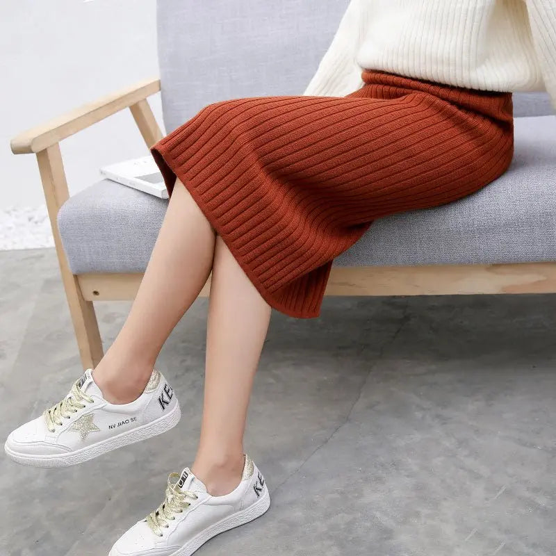 High Waist Women Knitted Skirt Spring Autumn Fashion Rib Skirt Elegant Midi Skirt - Blade & Thread