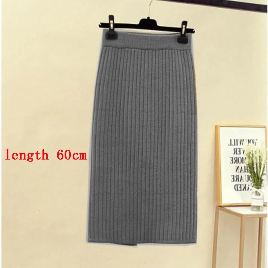 High Waist Women Knitted Skirt Spring Autumn Fashion Rib Skirt Elegant Midi Skirt - Blade & Thread