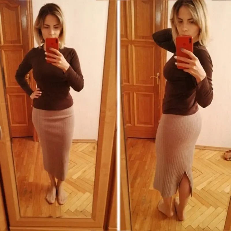 High Waist Women Knitted Skirt Spring Autumn Fashion Rib Skirt Elegant Midi Skirt - Blade & Thread