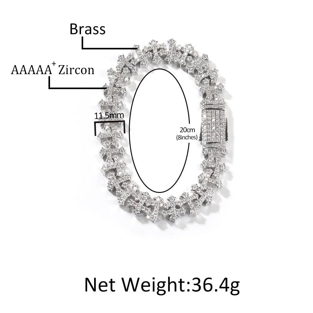 Hip-hop 11.5MM zircon-encrusted cross bracelet - Blade & Thread