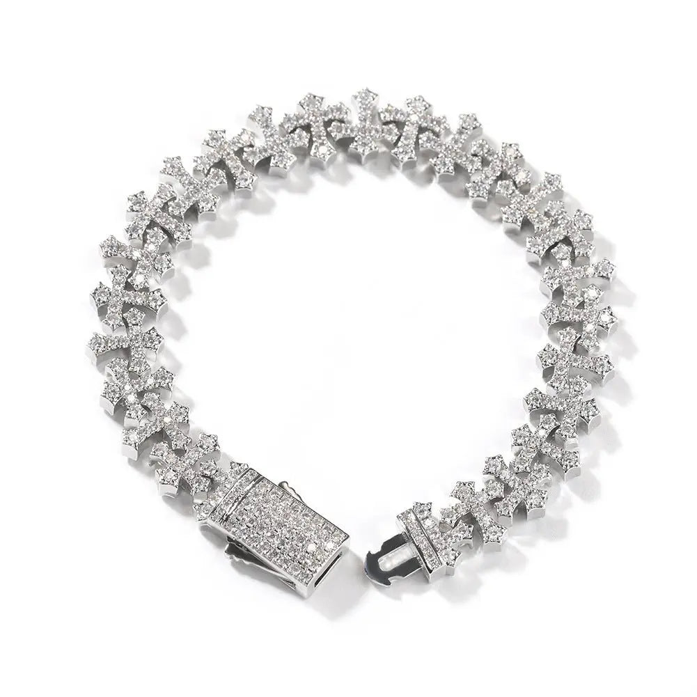 Hip-hop 11.5MM zircon-encrusted cross bracelet - Blade & Thread