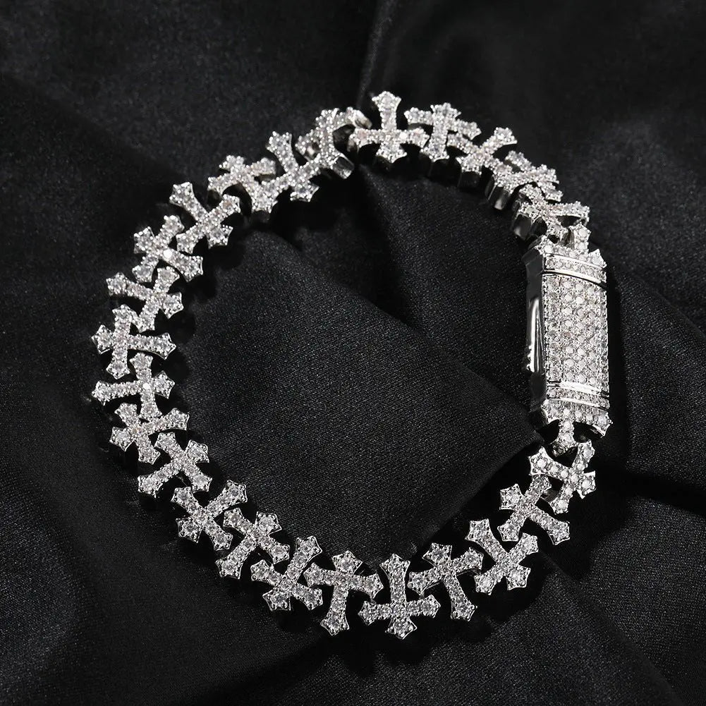 Hip-hop 11.5MM zircon-encrusted cross bracelet - Blade & Thread