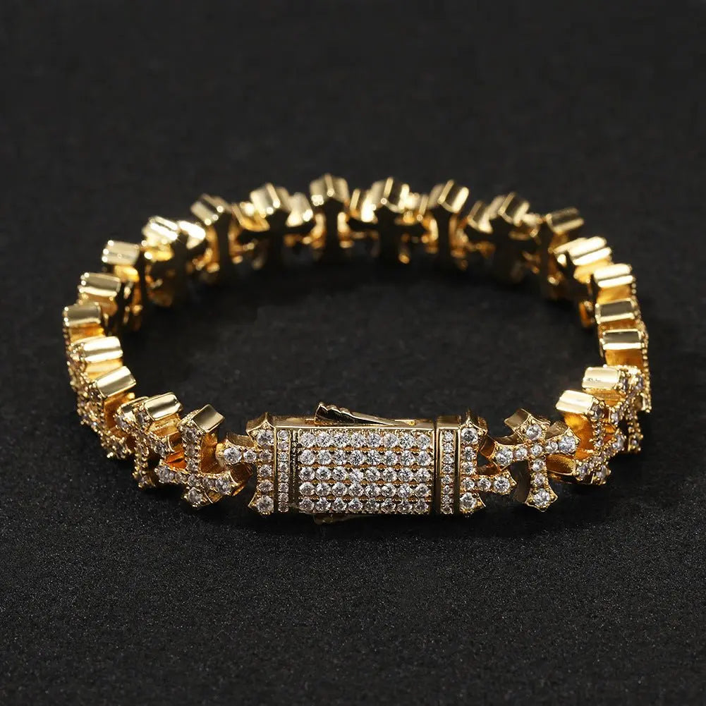 Hip-hop 11.5MM zircon-encrusted cross bracelet - Blade & Thread