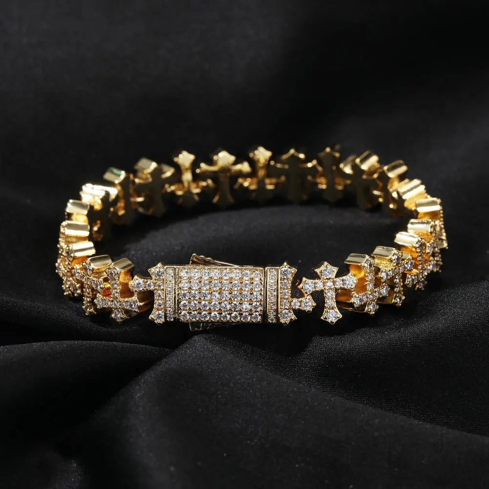 Hip-hop 11.5MM zircon-encrusted cross bracelet - Blade & Thread