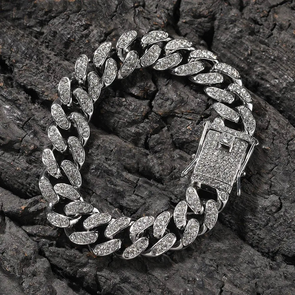 Hip-Hop 12mm Diamond-Encrusted Cuban Chain Bracelet - Blade & Thread