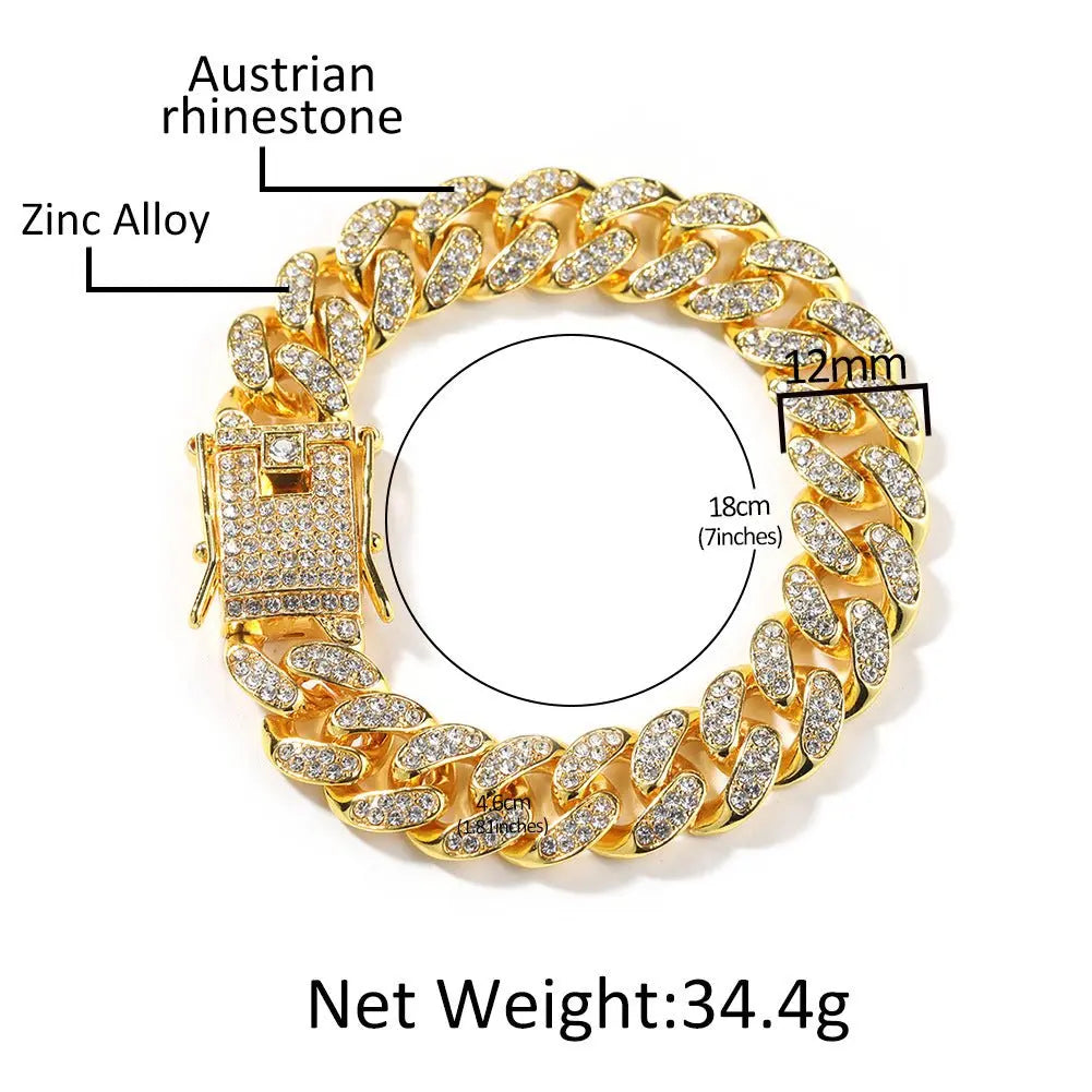 Hip-Hop 12mm Diamond-Encrusted Cuban Chain Bracelet - Blade & Thread