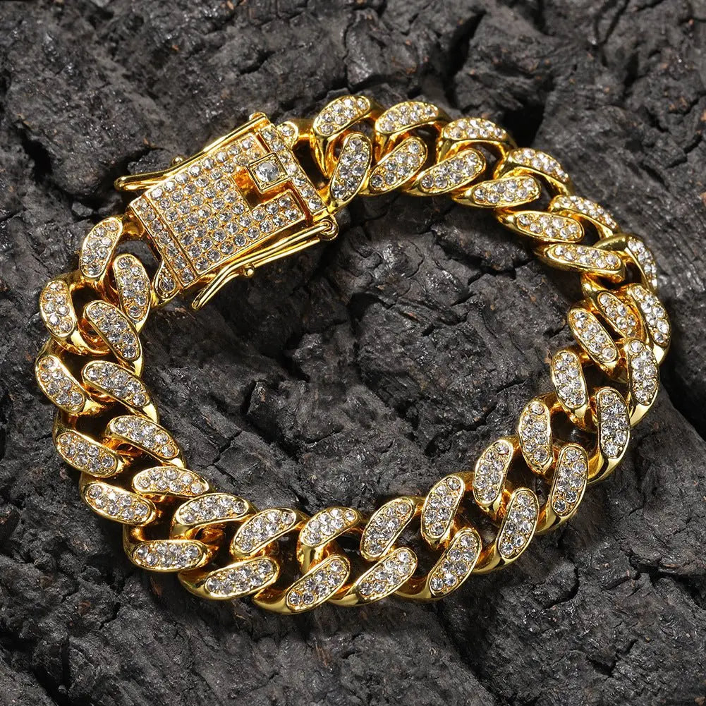 Hip-Hop 12mm Diamond-Encrusted Cuban Chain Bracelet - Blade & Thread