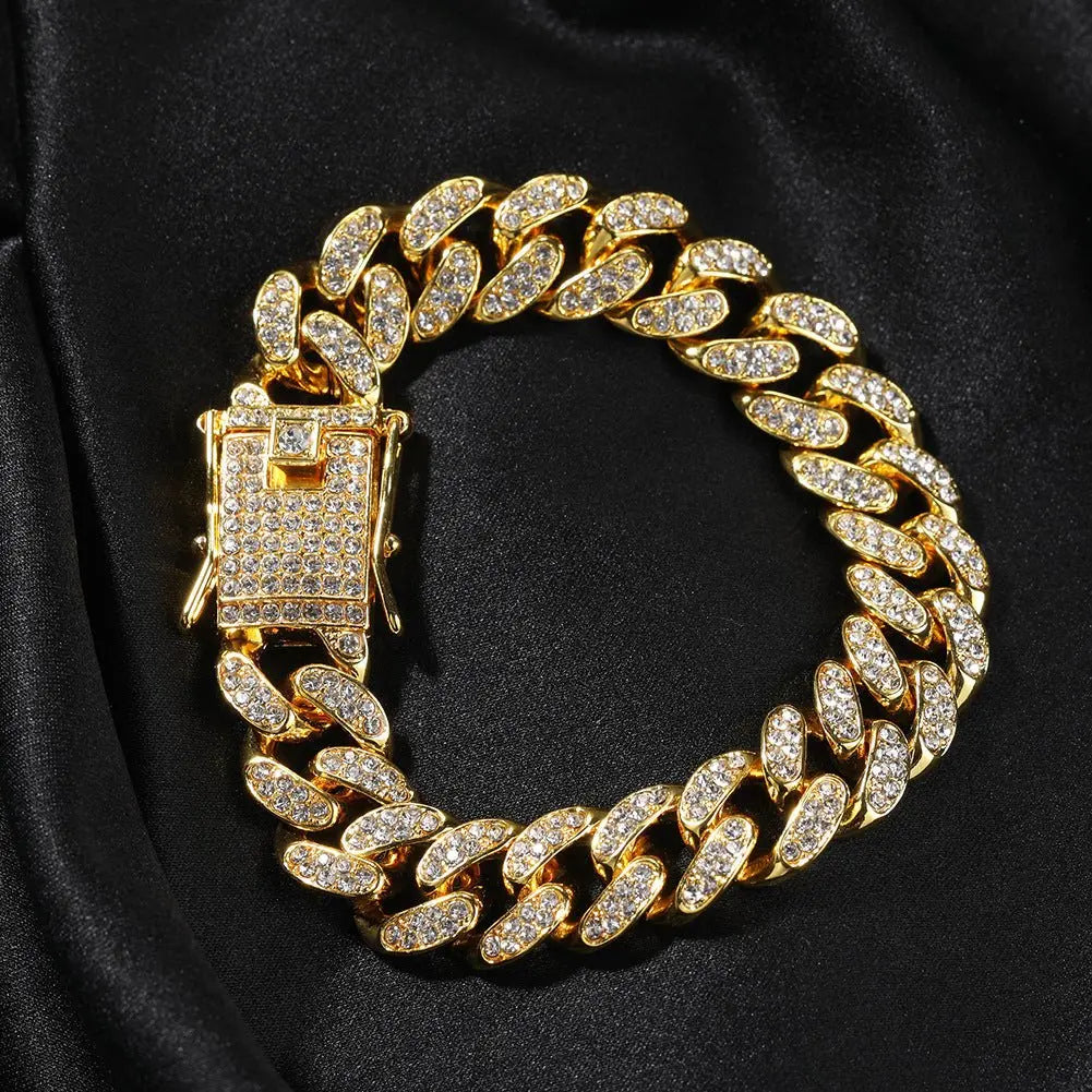 Hip-Hop 12mm Diamond-Encrusted Cuban Chain Bracelet - Blade & Thread