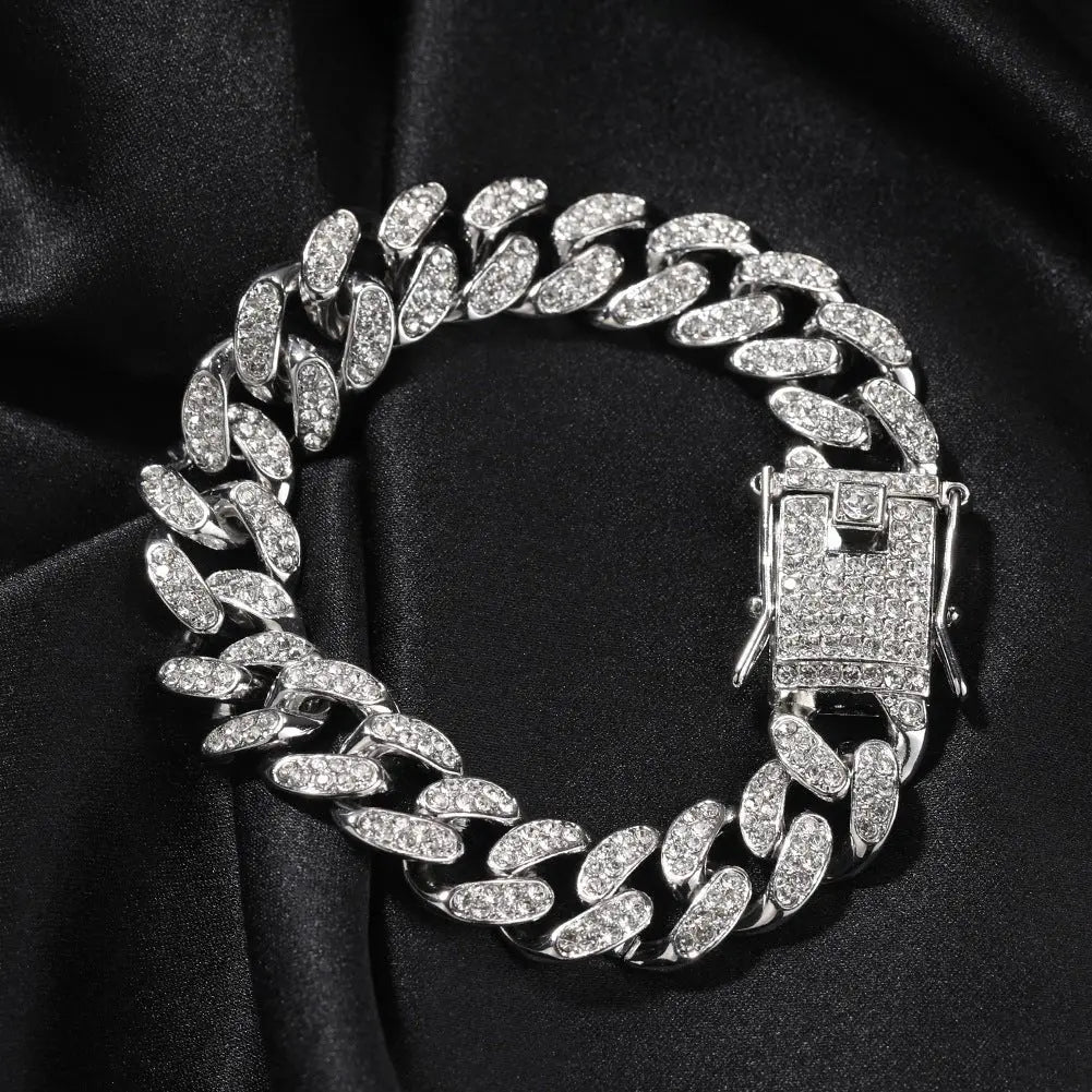 Hip-Hop 12mm Diamond-Encrusted Cuban Chain Bracelet - Blade & Thread
