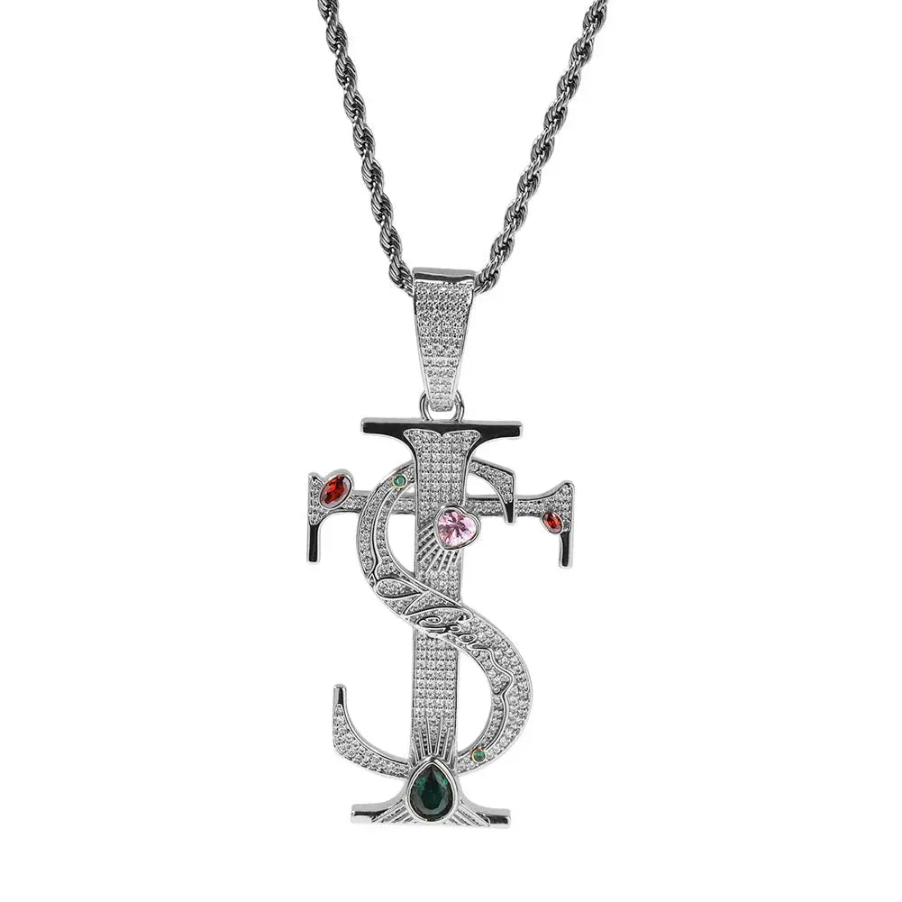 Hip-hop colored zircon TS cross necklace - Blade & Thread