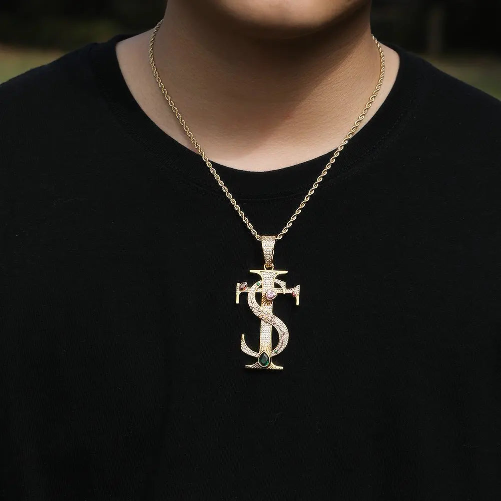 Hip-hop colored zircon TS cross necklace - Blade & Thread