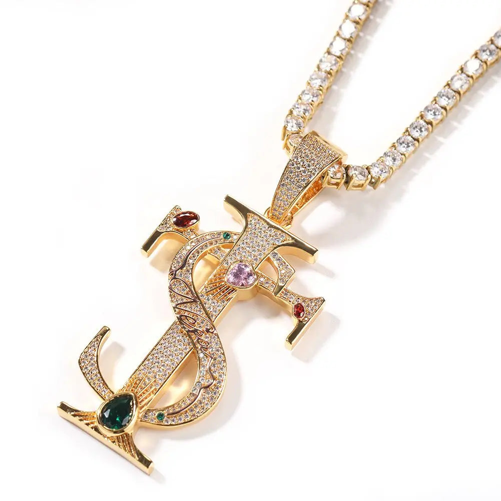 Hip-hop colored zircon TS cross necklace - Blade & Thread