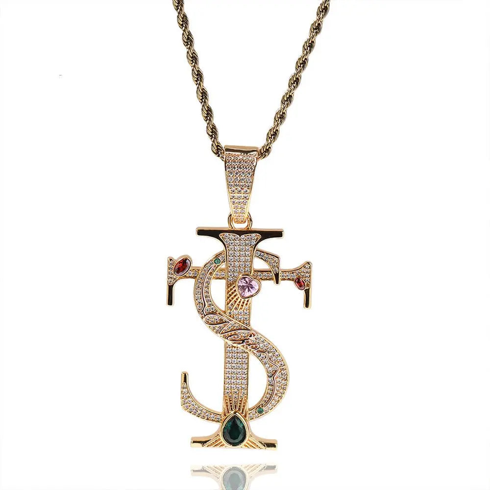 Hip-hop colored zircon TS cross necklace nowadaysfashion