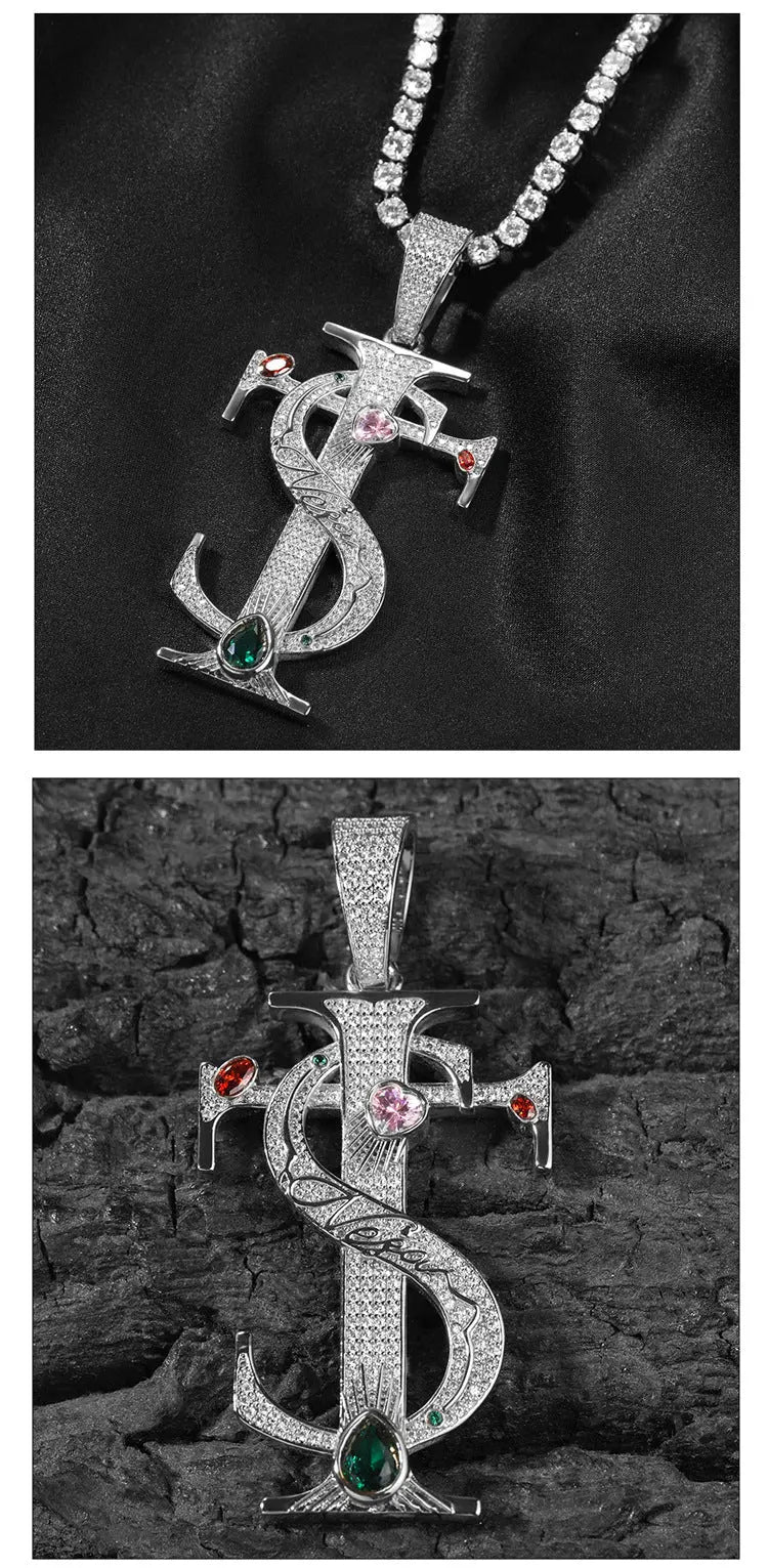Hip-hop colored zircon TS cross necklace - Blade & Thread