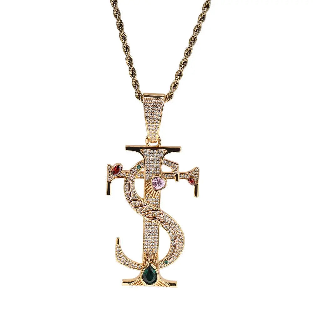 Hip-hop colored zircon TS cross necklace nowadaysfashion