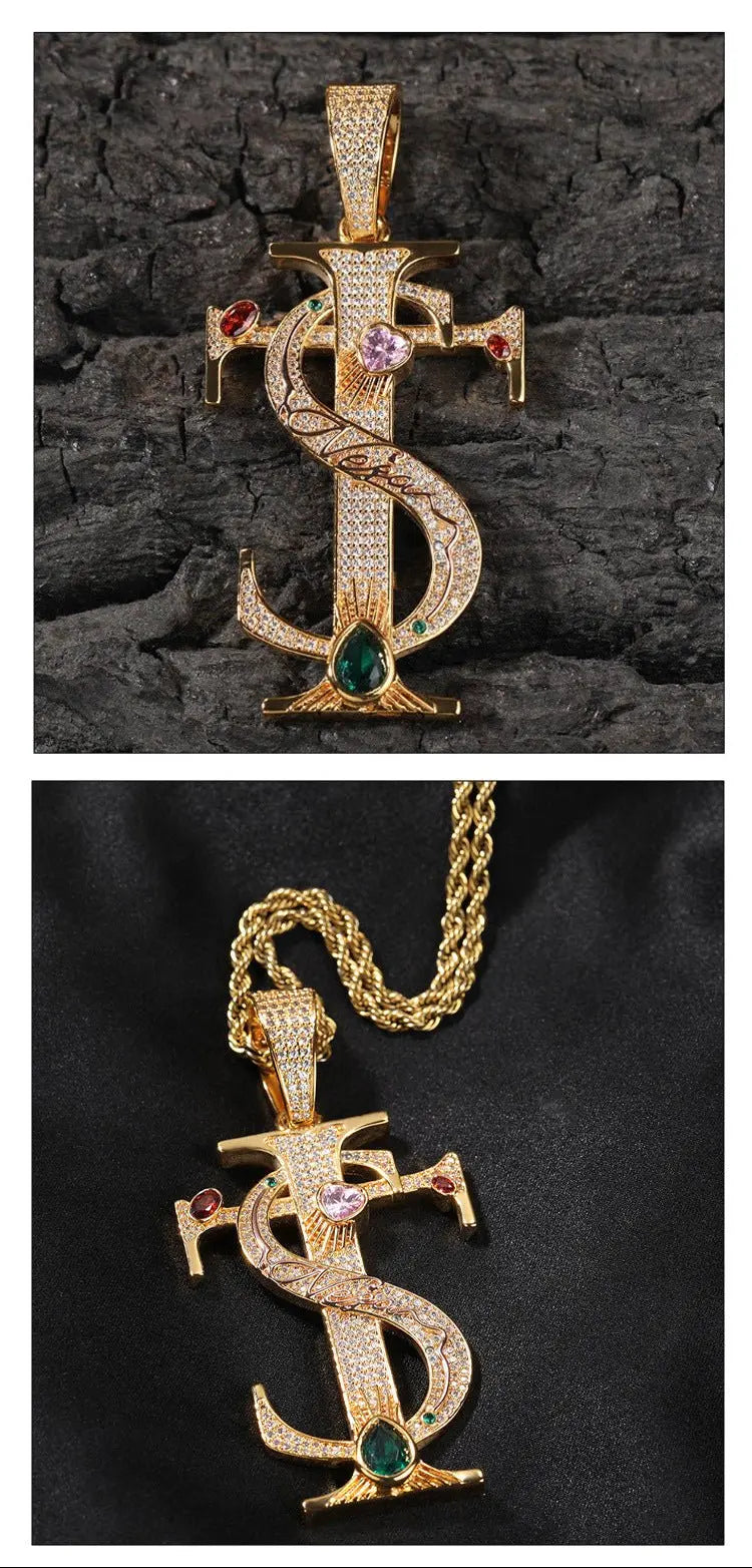 Hip-hop colored zircon TS cross necklace - Blade & Thread