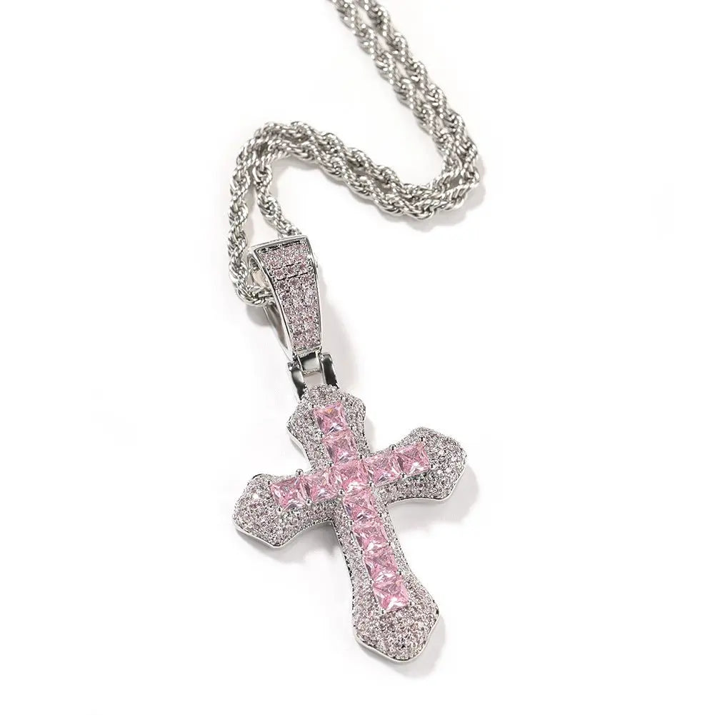 Hip-hop copper-inlaid purple zircon cross necklace - Blade & Thread