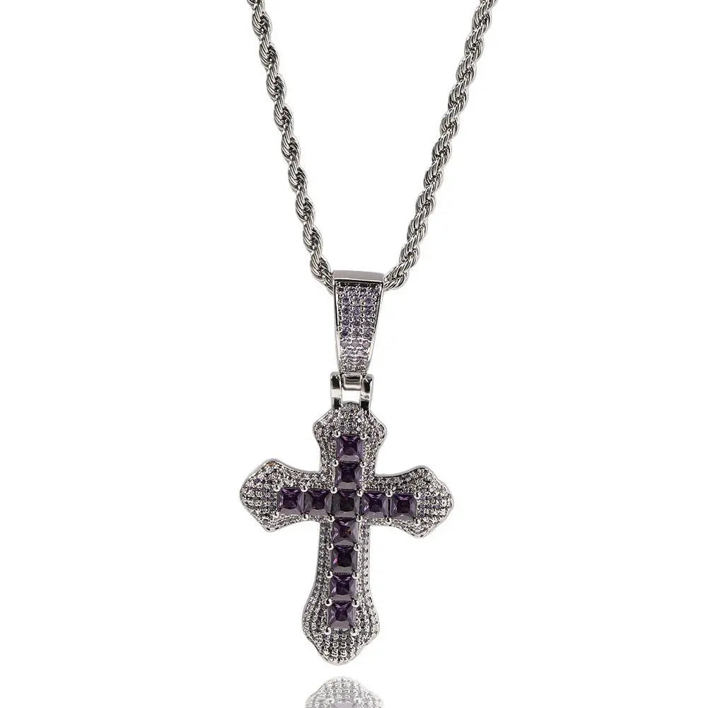 Hip-hop copper-inlaid purple zircon cross necklace - Blade & Thread
