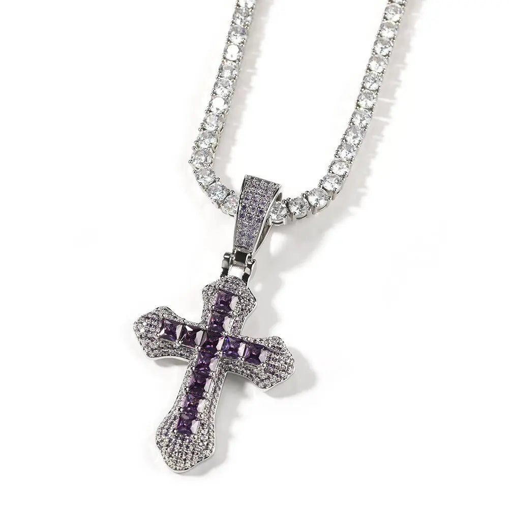 Hip-hop copper-inlaid purple zircon cross necklace - Blade & Thread