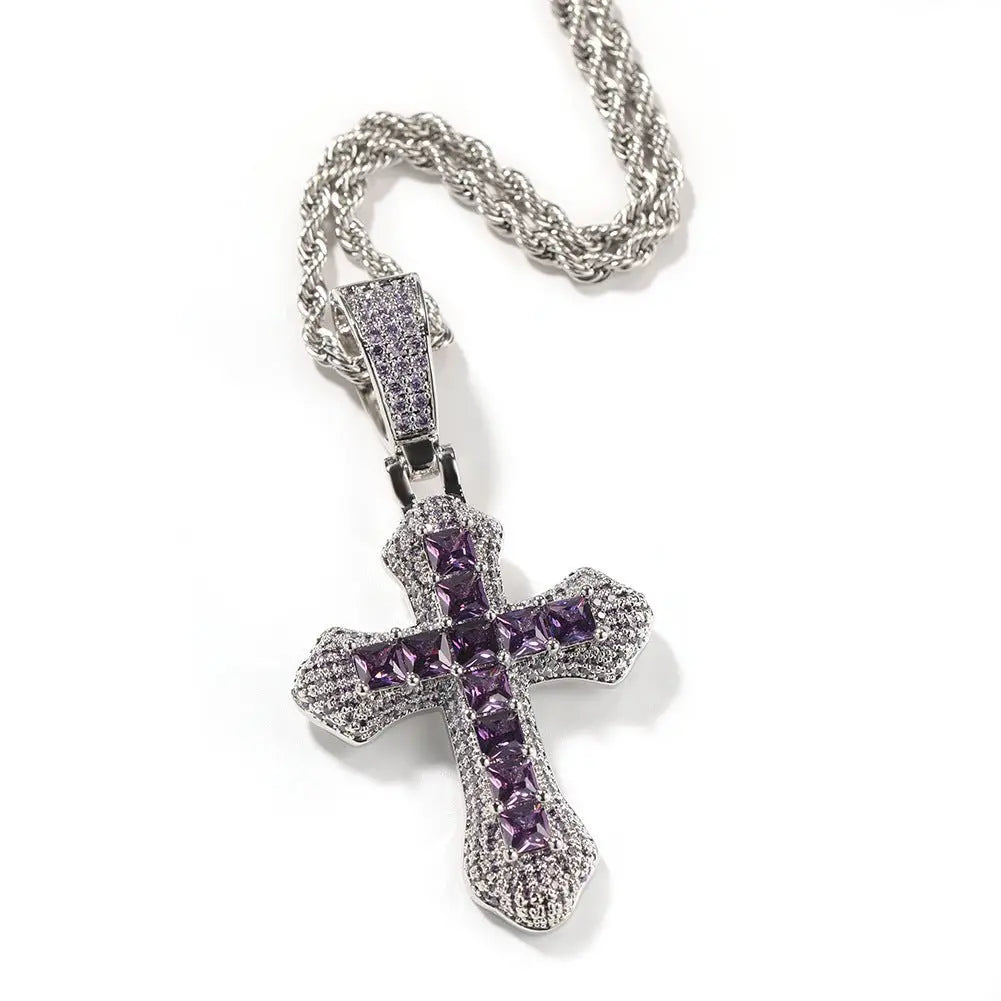 Hip-hop copper-inlaid purple zircon cross necklace nowadaysfashion