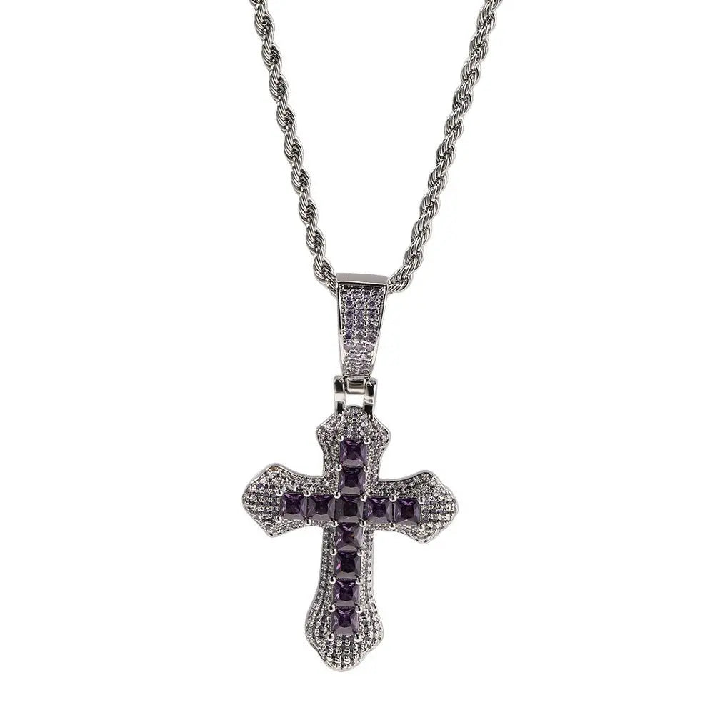 Hip-hop copper-inlaid purple zircon cross necklace nowadaysfashion