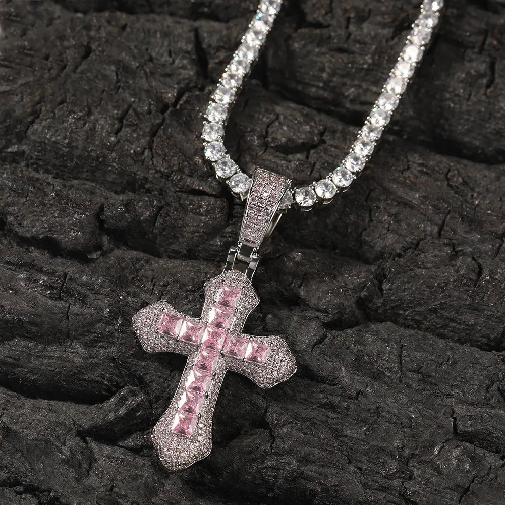 Hip-hop copper-inlaid purple zircon cross necklace - Blade & Thread
