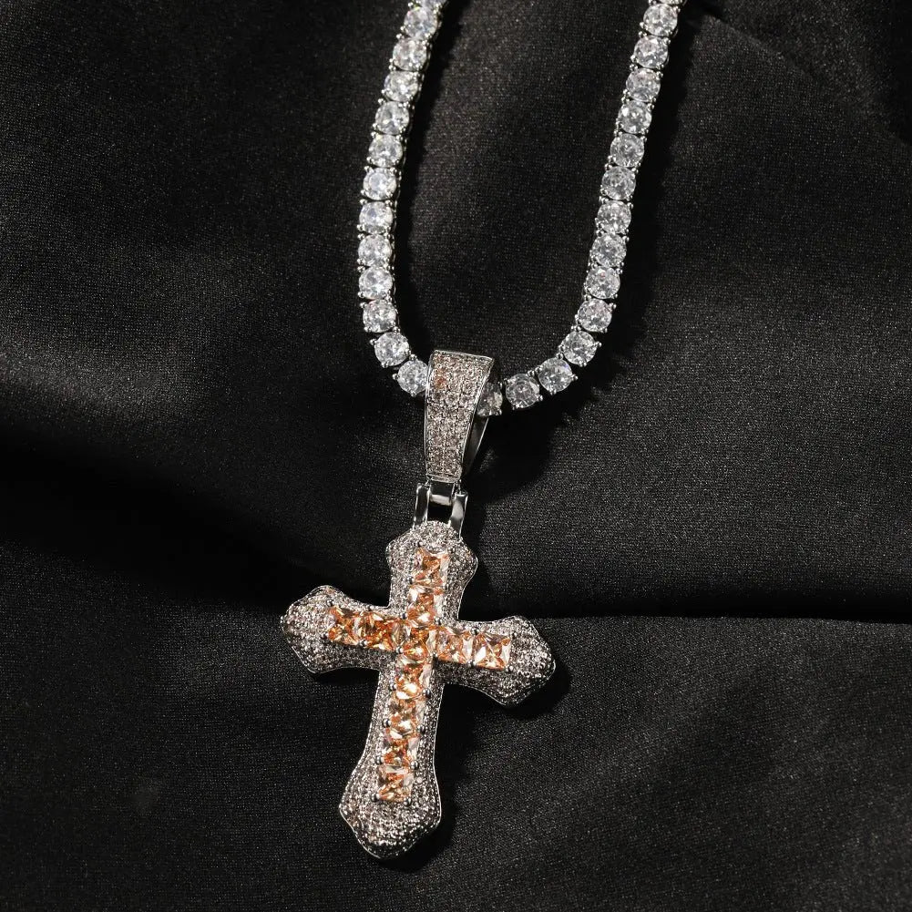 Hip-hop copper-inlaid purple zircon cross necklace - Blade & Thread
