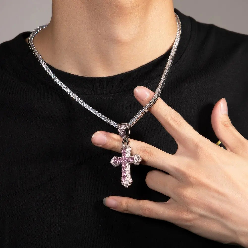 Hip-hop copper-inlaid purple zircon cross necklace - Blade & Thread