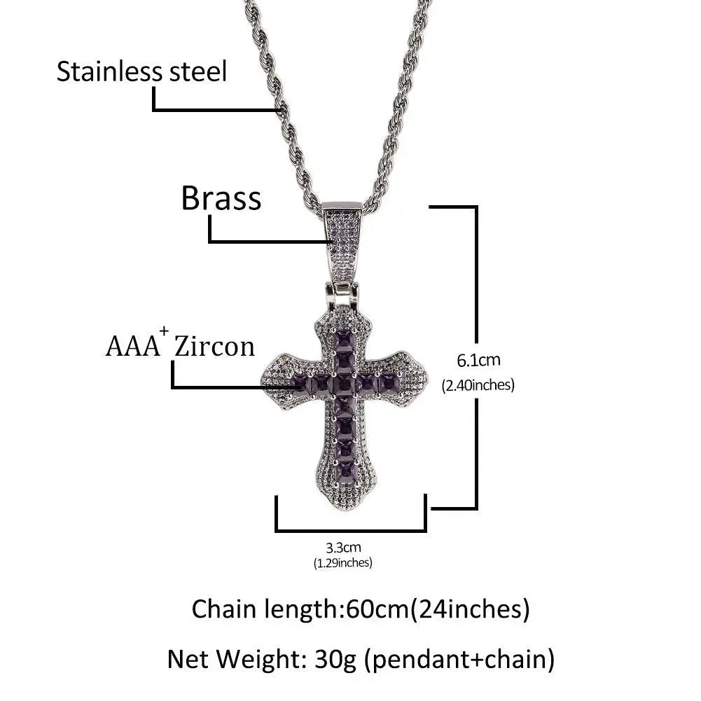 Hip Hop Cross Shape Copper Set Purple Zircon Pendant Jewelry Necklace - Blade & Thread