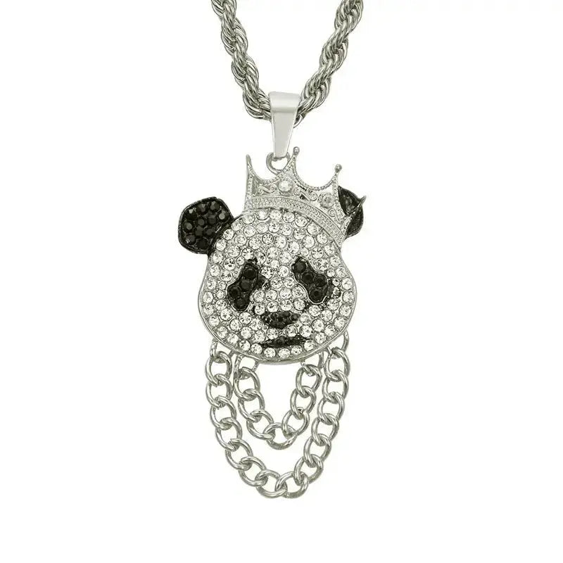 Hip Hop Crown Panda Pendant Necklace Iced Out Cuban Link Chain Mens Women nowadaysfashion