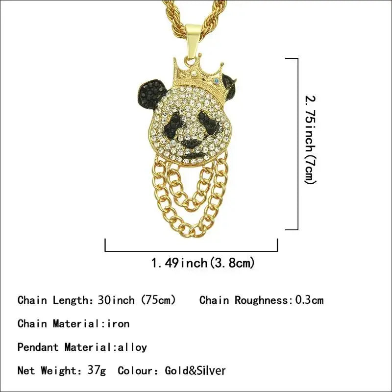 Hip Hop Crown Panda Pendant Necklace Iced Out Cuban Link Chain Mens Women nowadaysfashion