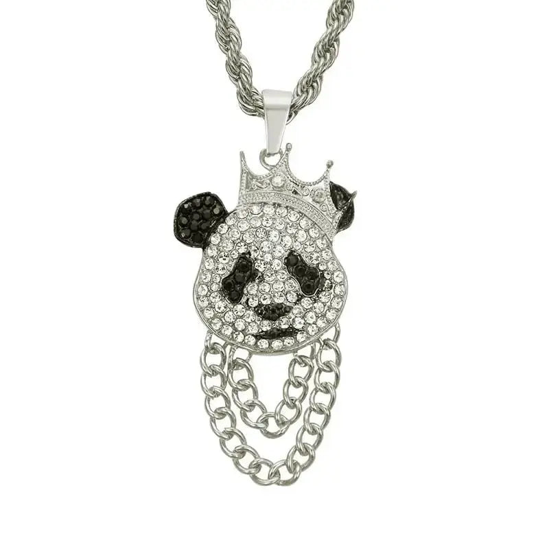 Hip Hop Crown Panda Pendant Necklace Iced Out Cuban Link Chain Mens Women nowadaysfashion