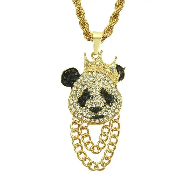 Hip Hop Crown Panda Pendant Necklace Iced Out Cuban Link Chain Mens Women nowadaysfashion