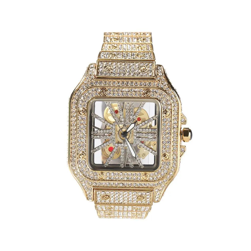 Hip-hop diamond-encrusted hollowed-out square watch nowadaysfashion