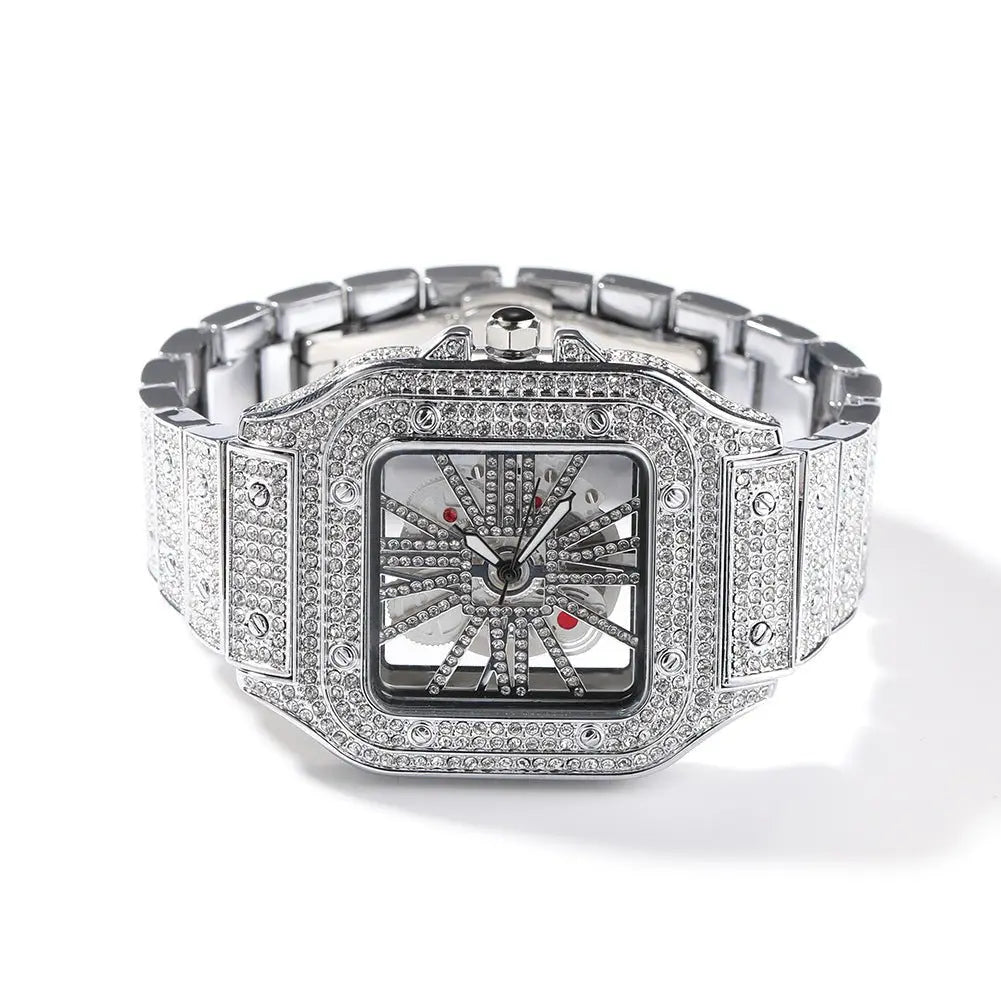 Hip-hop diamond-encrusted hollowed-out square watch - Blade & Thread
