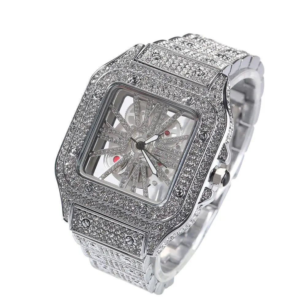 Hip-hop diamond-encrusted hollowed-out square watch - Blade & Thread